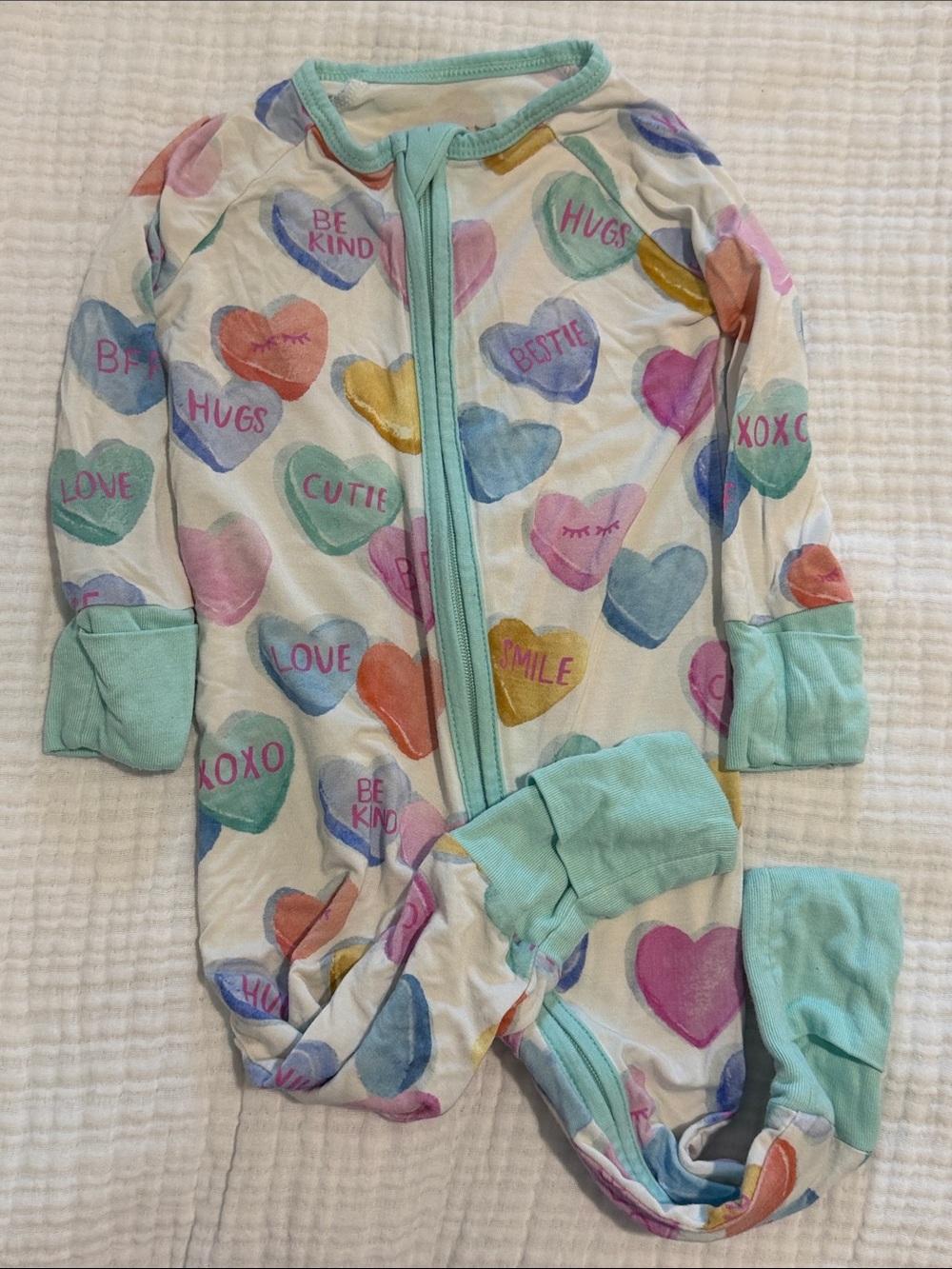 Little Sleepies Pastel Conversation Heart Footed One-Piece Pajama - Mint Trim